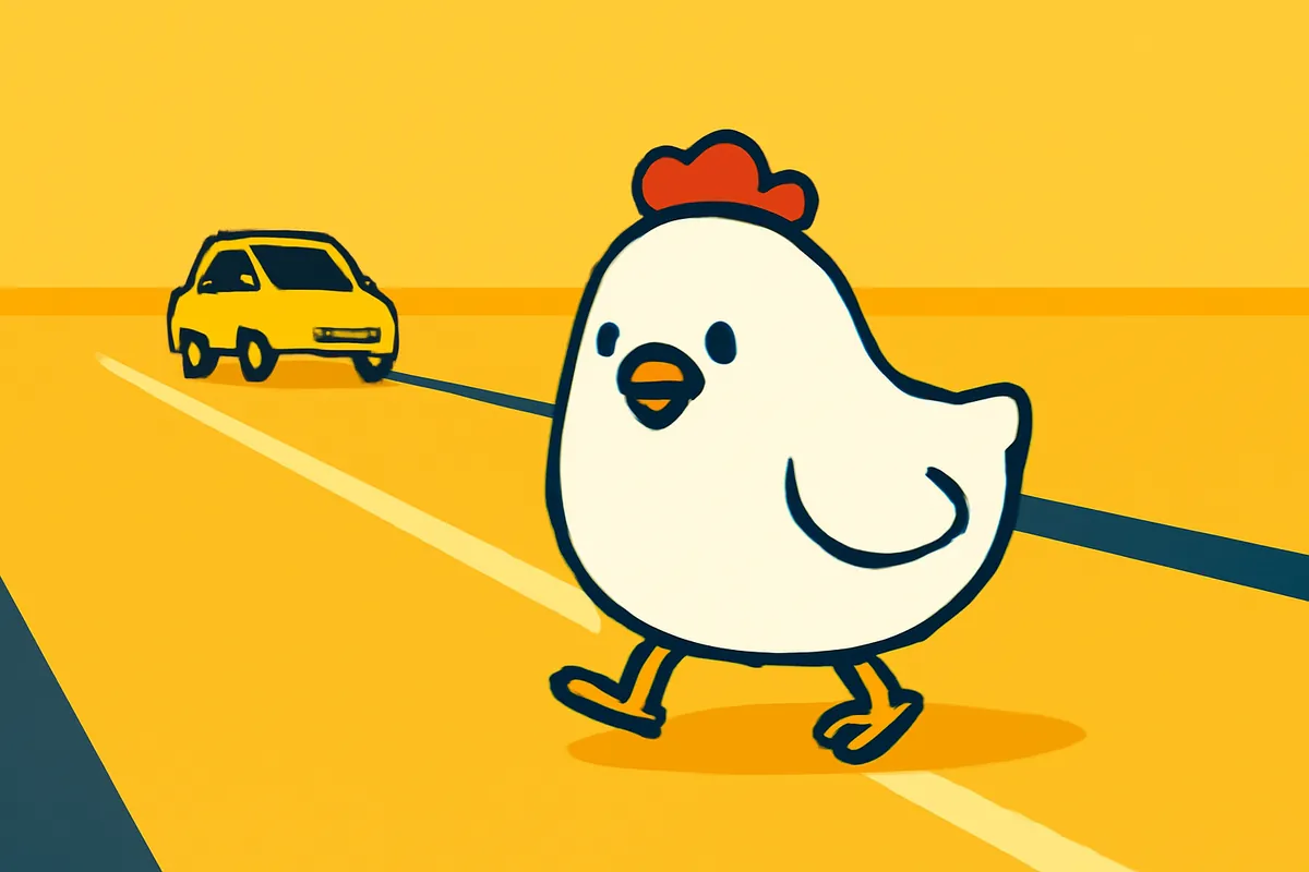 Illustration: Das Huhn überquert vorsichtig eine ruhige Straße